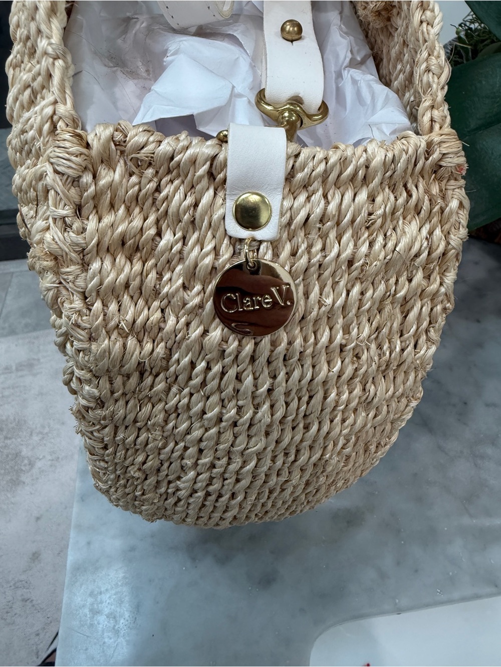 Round Woven Straw Tote Bag - Natural Beige - Picture 4 of 7